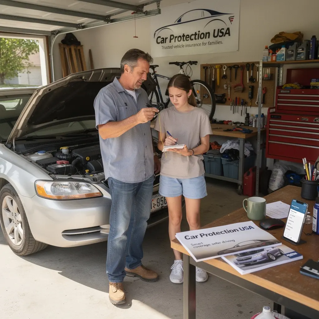 Защита автомобиля в США с изображением счастливой семьи рядом с застрахованным транспортным средством.